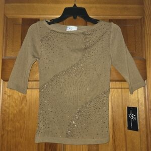 Vintage Y2K IZ Byer Glitter Tan Sweater Short Sleeves NWT Size Medium